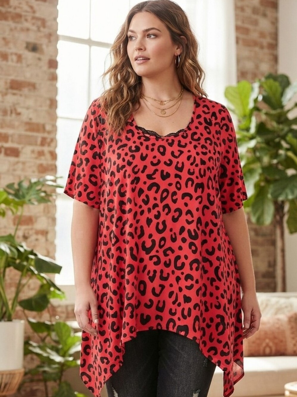 Torrid Red Leopard & Black Lace Tunic Blouse Size 5X NWT